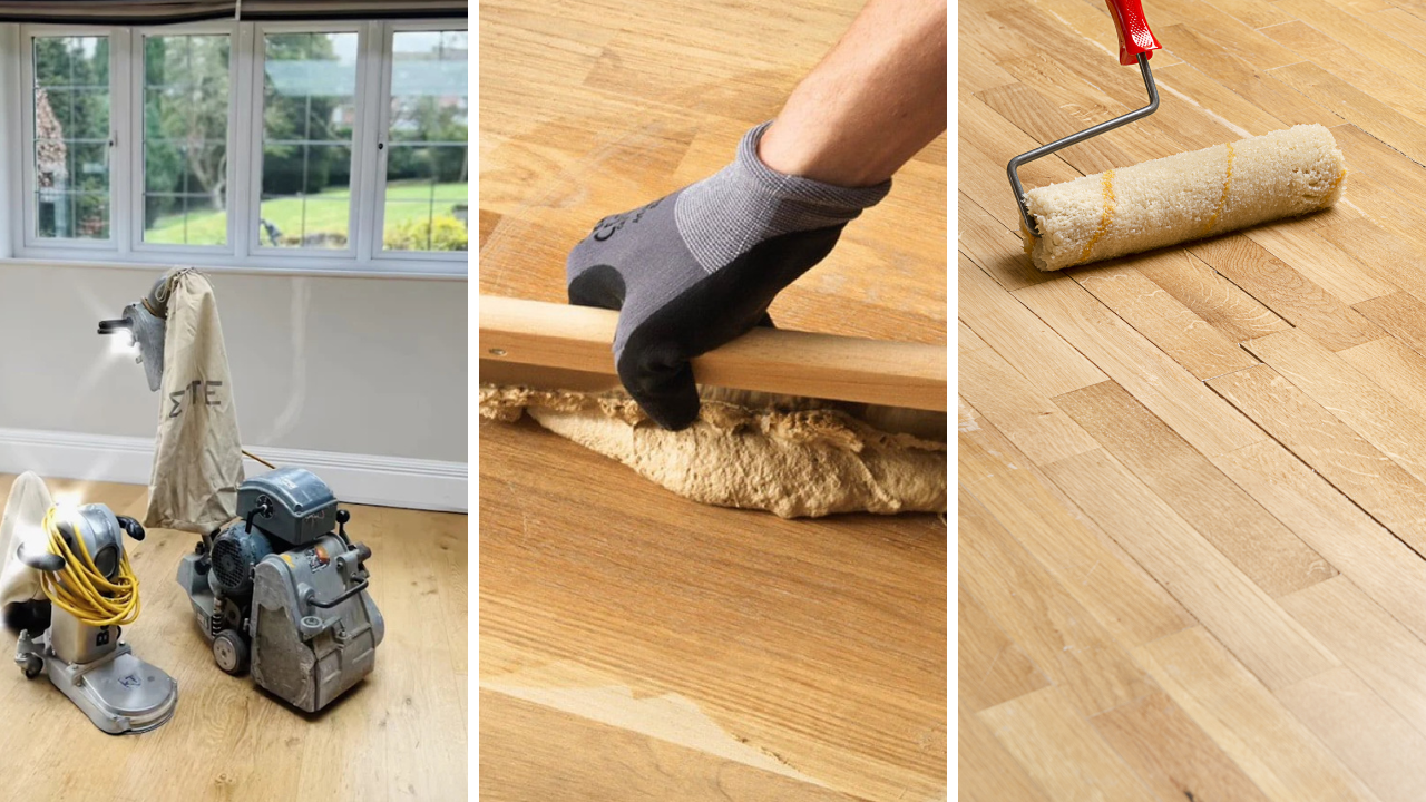 Restaurant Floor Sanding in Honoroak – three-panel collage showing pro sanding machines on an oak floor, flexible gap filling between boards, and a roller applying finish to oak strip flooring.