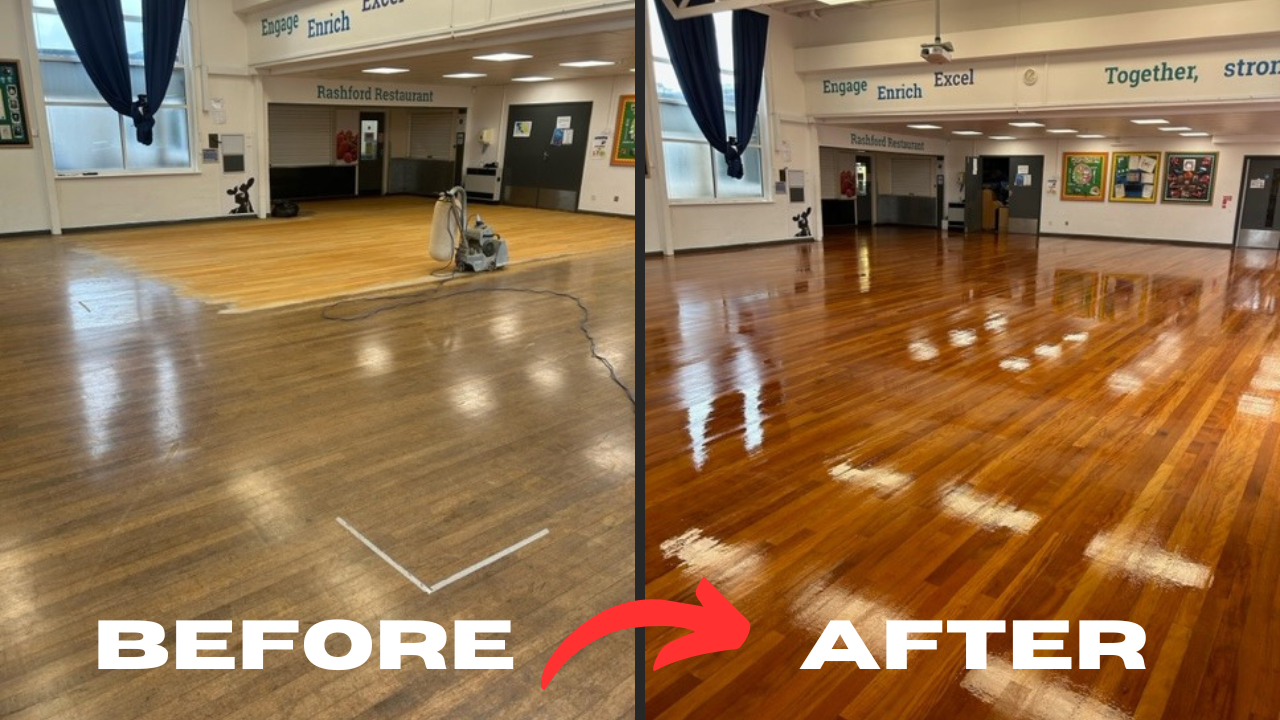Before-and-after of Restaurant Floor Sanding in Honoroak at the Rashford Restaurant dining hall, restoring a solid hardwood strip floor from dull and worn to a rich, polished finish.