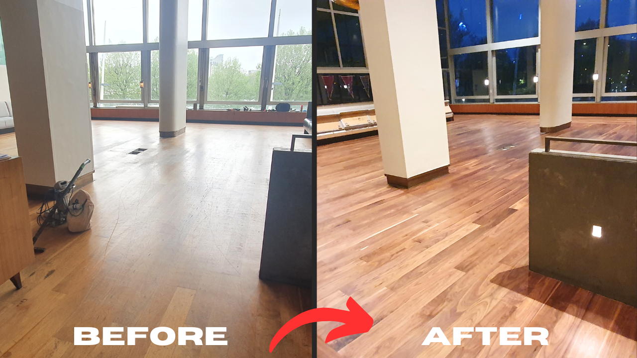 Restaurant Floor Sanding in Honoroak – before-and-after collage of a modern restaurant lounge showing engineered walnut hardwood plank flooring restored from dull and scratched to a rich, even satin finish.