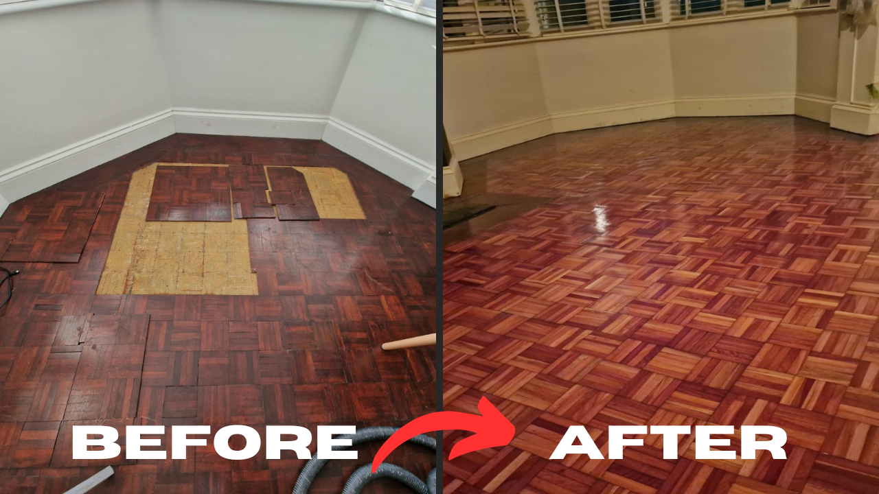 Wood Floor Sanding in Honor Oak – before and after restoration of a worn mosaic parquet wood floor, transformed into a smooth, glossy finish.