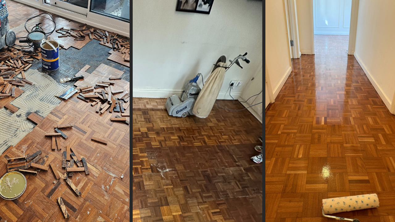 Wood Floor Sanding in Honor Oak on an oak mosaic parquet floor, showing stages from damaged blocks, to sanding, to a fully restored glossy finish in a hallway.