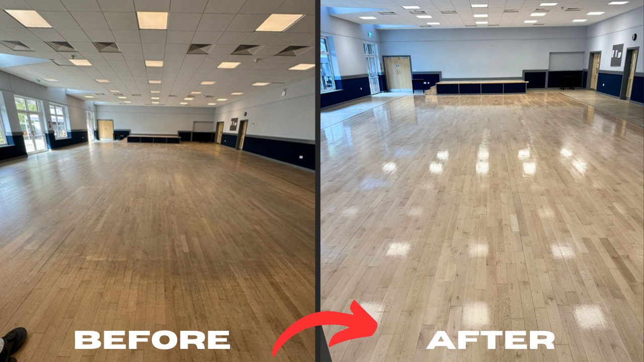 Commercial Floor Sanding in Honor Oak – before and after of a large community hall oak hardwood strip floor restored from dull, worn boards to a smooth, glossy finish.