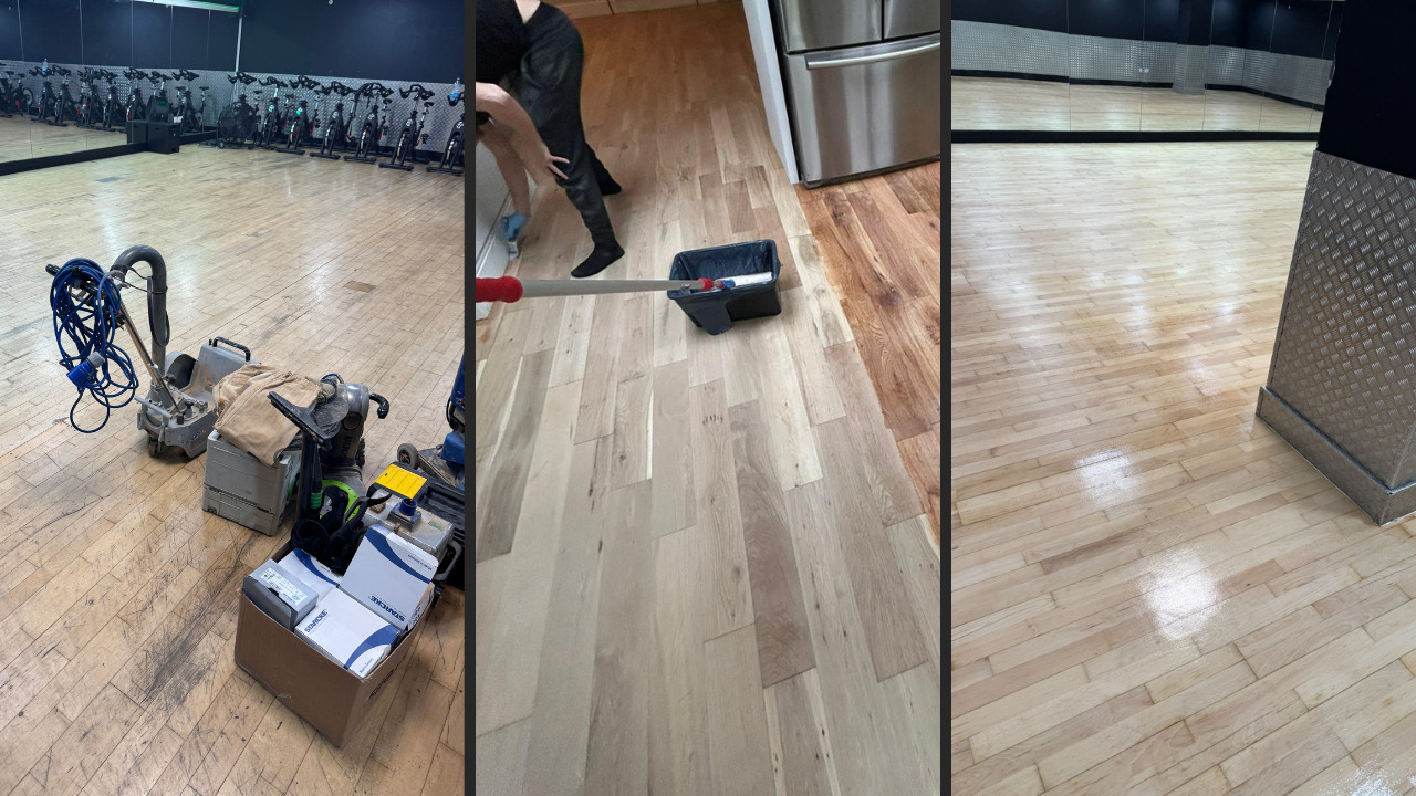 Commercial Floor Sanding in honoroak – transformation of maple strip gym floor and oak plank hardwood commercial area from worn boards to freshly sanded and sealed surfaces.